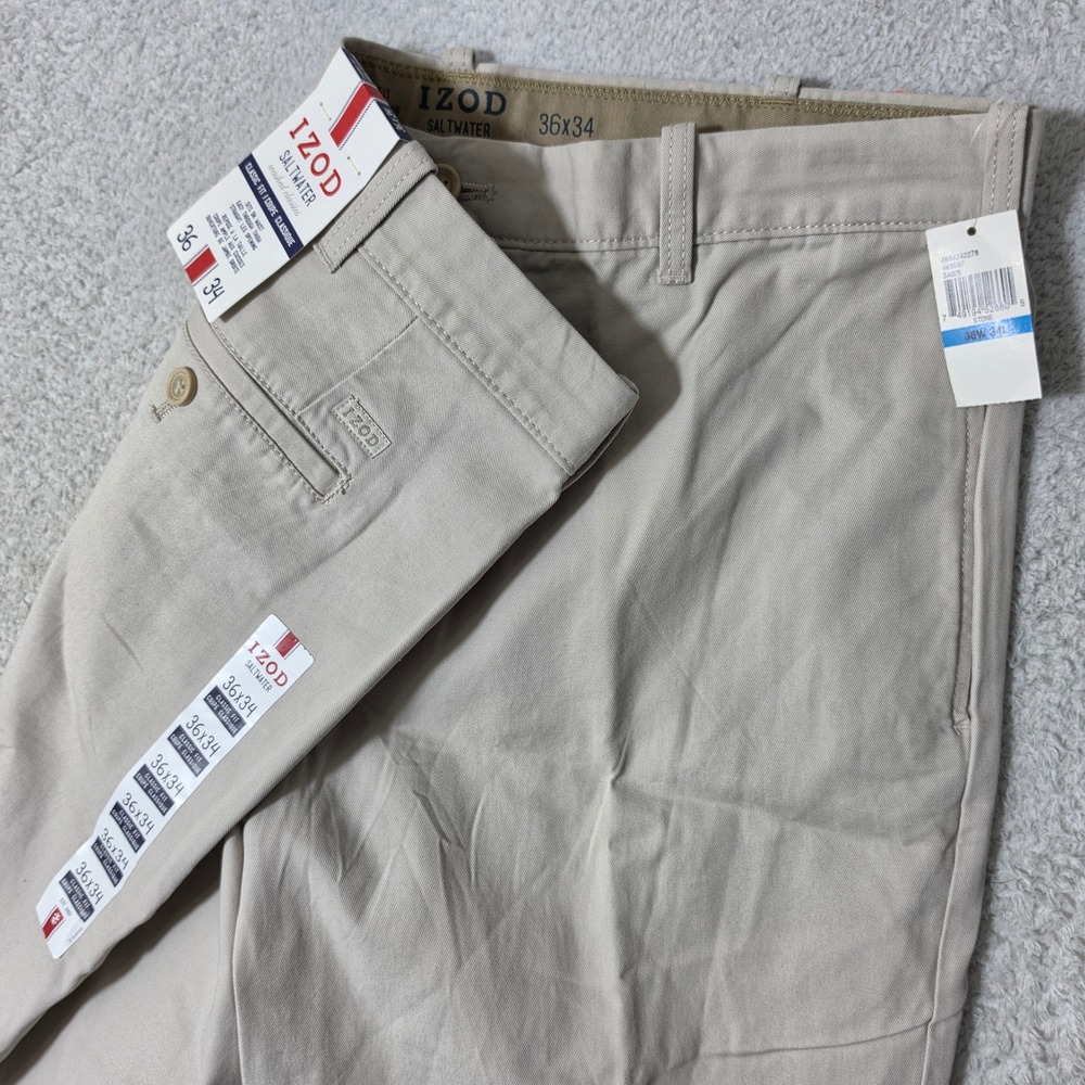 NEW IZOD Pants Mens 36/34 Stone Saltwater Washed Classics Classic Fit Chinos NWT